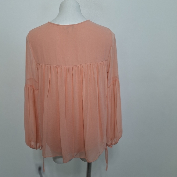 Halston Peach Chiffon Coquette Balletcore Pleated Balloon Sleeve Blouse Size S - Picture 6 of 13